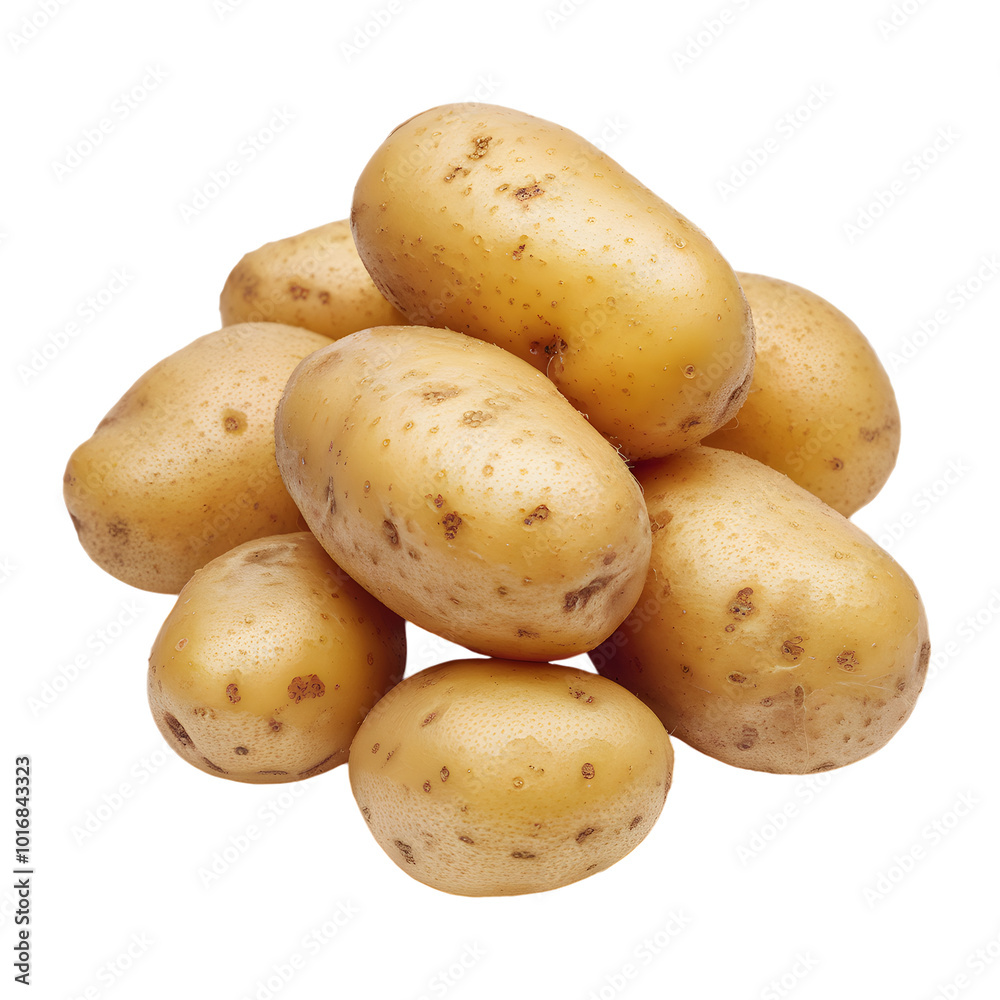 Pile of medium sized yellow potatoes with brown spots on white background Pile of medium sized yellow potatoes with brown spots on white background
