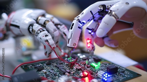 A close-up of a microcontroller being integrated into a robotic system 