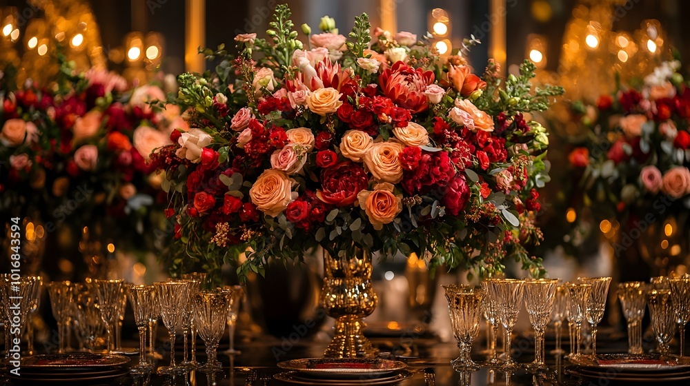 Magnificent floral bouquets and centerpieces with shimmering golden accents creating an elegant and opulent atmosphere for an extravagant wedding or high society event Magnificent floral bouquets and centerpieces with shimmering golden accents creating an elegant and opulent atmosphere for an extravagant wedding or high society event