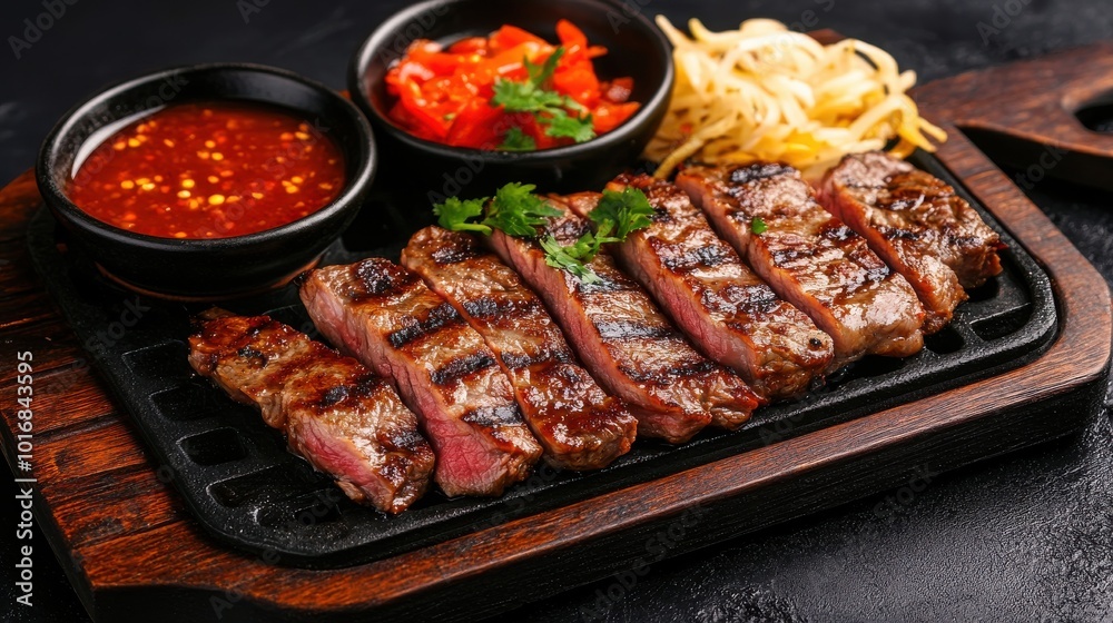 Grilled steak served on a sizzling hot plate with side dishes and sauces, perfect for a delicious and satisfying meal. Grilled steak served on a sizzling hot plate with side dishes and sauces, perfect for a delicious and satisfying meal.