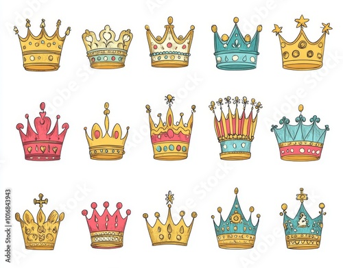 Various sketches of black crowns on a white background. Set of sketchy crowns modern illustration. Hand drawn imitations of crowns. photo