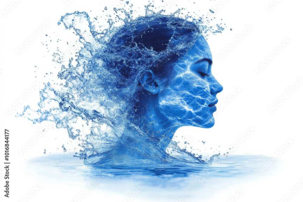 A woman's face is shown in a blue water splash A woman's face is shown in a blue water splash