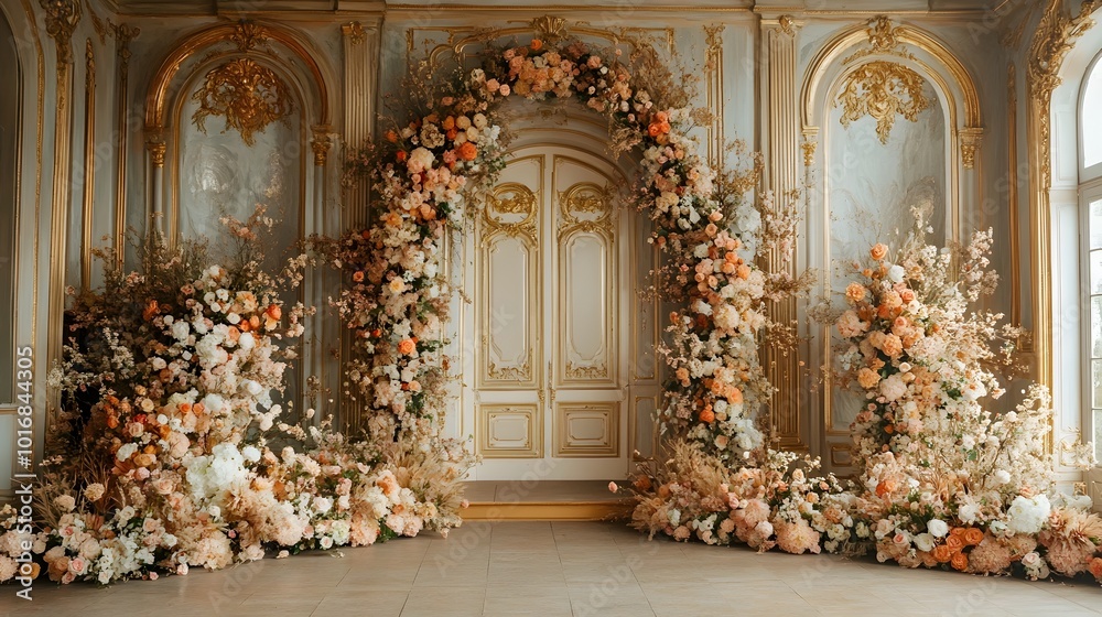 Breathtaking wedding backdrop featuring a grand lavish arrangement of luxurious flowers shimmering gold details and a chic elegant atmosphere creating a stunning and memorable setting for a special Breathtaking wedding backdrop featuring a grand lavish arrangement of luxurious flowers shimmering gold details and a chic elegant atmosphere creating a stunning and memorable setting for a special