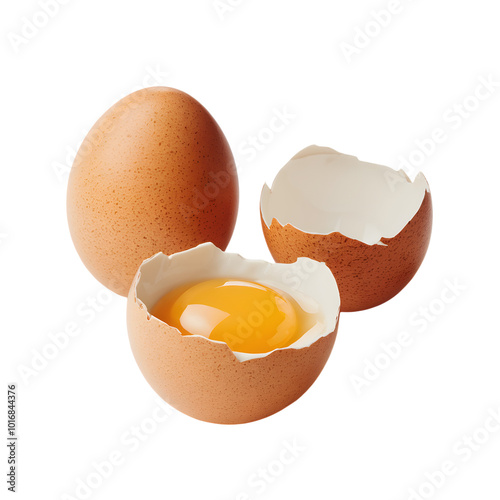 Whole egg and broken egg revealing yolk, both on white background photo