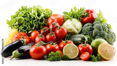 Vibrant display of fresh vegetables and fruits on a white table against a light background