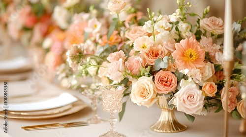 Lavish floral arrangement in golden vase with luxurious details showcasing the beauty and elegance of a high end wedding The delicate flowers and ornamental decor create a sophisticated ambiance