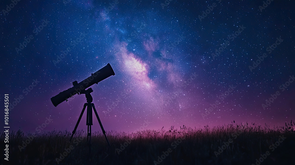 A telescope set up in a field beneath a breathtaking starry sky, with the Milky Way galaxy glowing in the background.
A telescope set up in a field beneath a breathtaking starry sky, with the Milky Way galaxy glowing in the background.