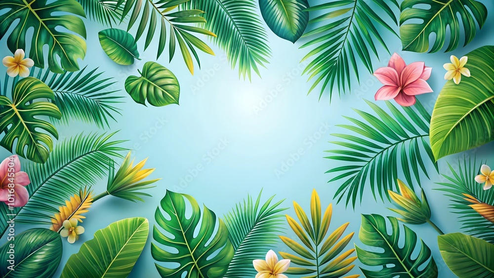 Naklejka premium Tropical leaves and flowers frame with light blue background.