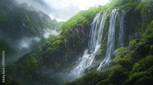 Mystical Jungle Falls Shrouded in Mist and Greenery - Made with Generative AI