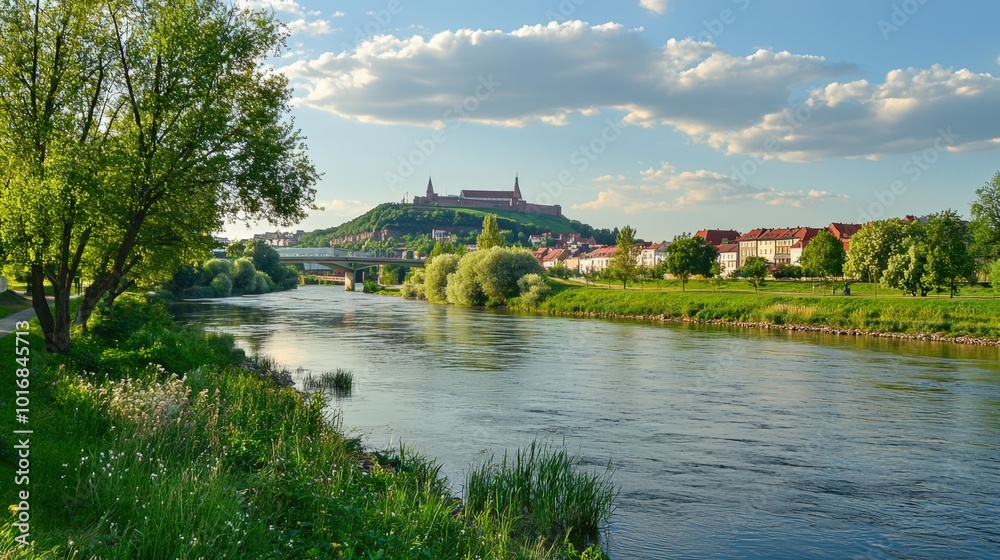 A serene riverside view of a historic castle overlooking lush greenery in the golden hour A serene riverside view of a historic castle overlooking lush greenery in the golden hour