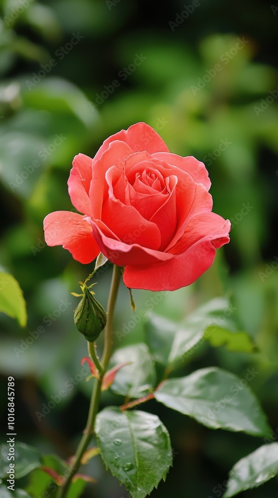 A vibrant coral rose blooming amidst lush green leaves in a tranquil garden setting A vibrant coral rose blooming amidst lush green leaves in a tranquil garden setting