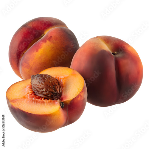 Three ripe peaches, one sliced open showing juicy interior, white background