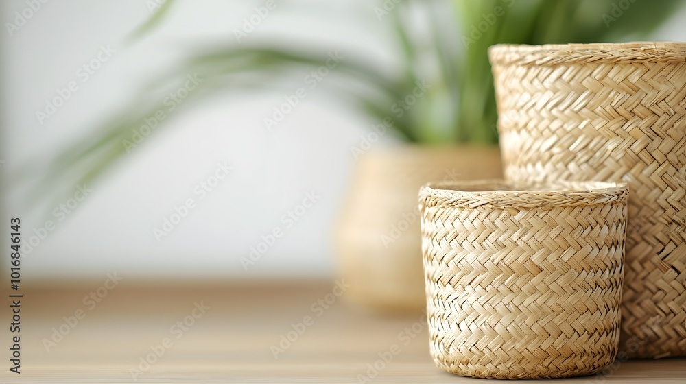 Fototapeta premium Handwoven Basket with Intricate Patterns - Artisanal Craftsmanship in Natural Materials Showcasing Rustic Charm and Skillful Design