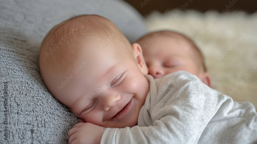 Joyful baby smiles while cuddling with sibling on a soft blanket at home Joyful baby smiles while cuddling with sibling on a soft blanket at home