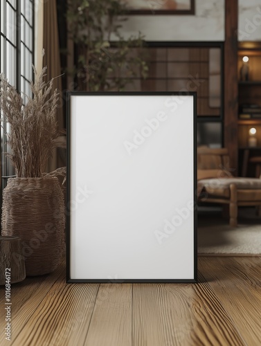 thin picture frame in the center, standing on floor in tokyo loft, blank white poster, advertising, mockup. photo