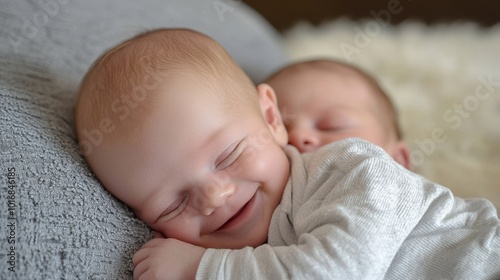 Joyful baby smiles while cuddling with sibling on a soft blanket at home