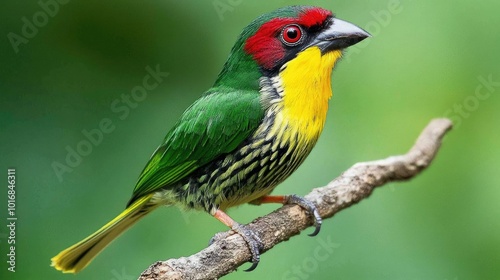 Vibrant close-up of a Coppersmith Barbet perched on a branch, its red and yellow markings standing out against its emerald green feathers, captured in stunning high-resolution.