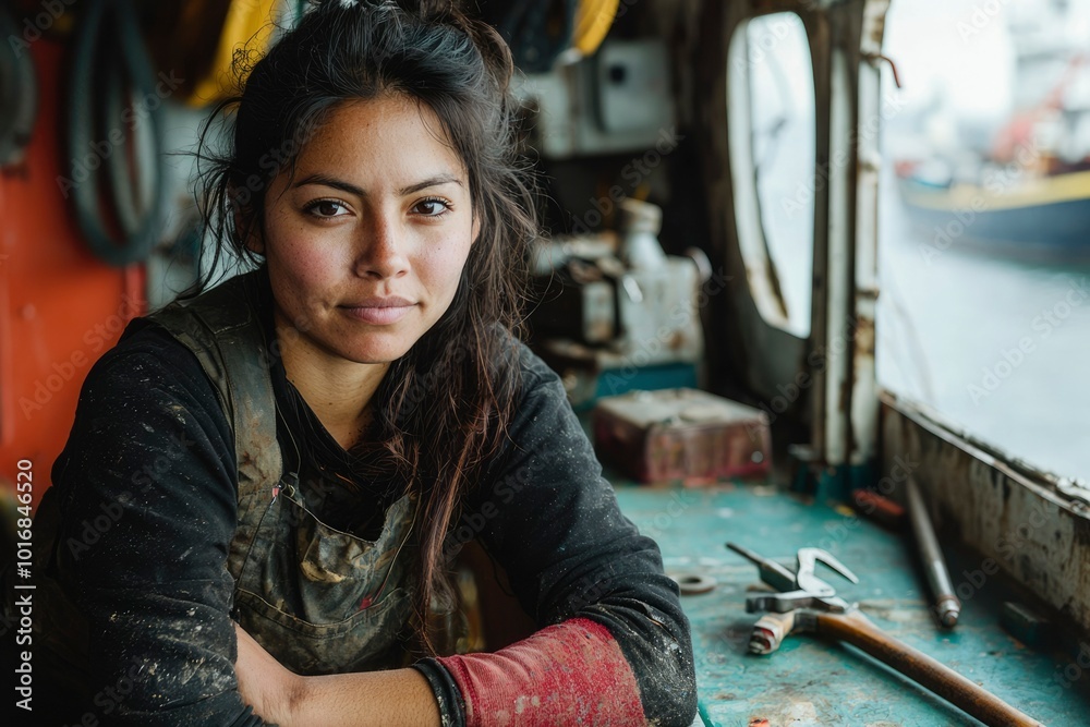 Obraz premium A Young Woman in Work Clothes Poses for a Portrait in a Ship's Workshop