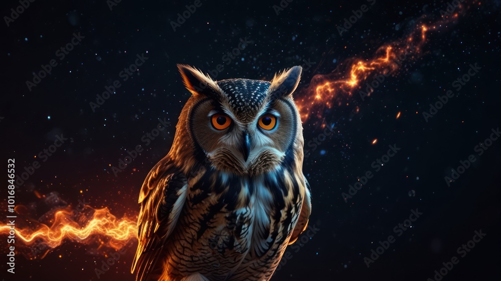 A majestic owl with piercing yellow eyes stares intently into the camera, set against a backdrop of swirling, ethereal flames. The owl's feathers are intricately detailed A majestic owl with piercing yellow eyes stares intently into the camera, set against a backdrop of swirling, ethereal flames. The owl's feathers are intricately detailed