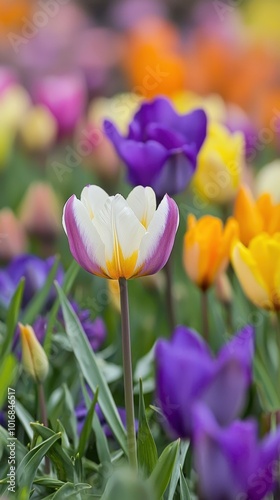 Vibrant tulip garden in full bloom during a sunny spring afternoon