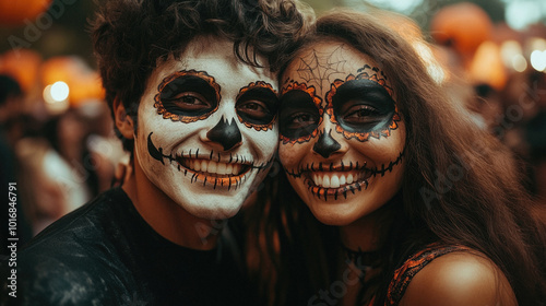 A man and woman are dressed up in Halloween costumes and smiling for the camera. The man is wearing a skeleton costume and the woman is wearing a skull costume. They are posing for a photo together