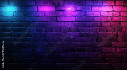 A brick wall with neon lights in purple and blue 