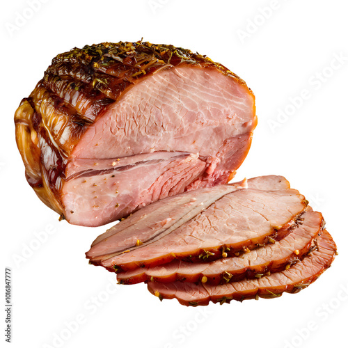 Sliced piece of roasted meat with golden brown crispy exterior, white background