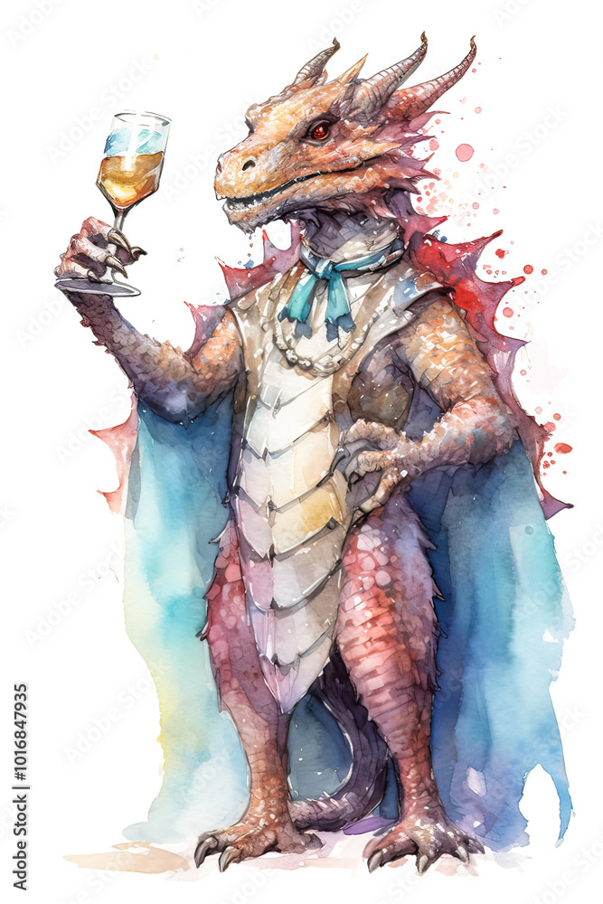 Obraz premium A dragon is holding a glass of wine and wearing a bow tie