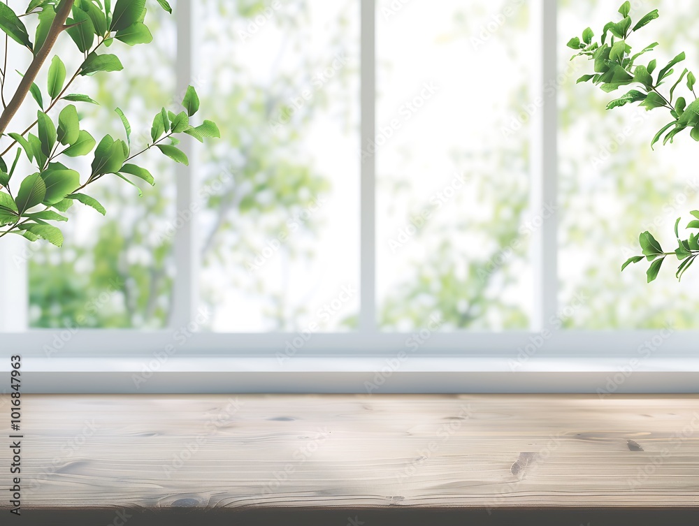 Wooden table top, white window, blurred green trees, product display, presentation mock-up, background template. Wooden table top, white window, blurred green trees, product display, presentation mock-up, background template.