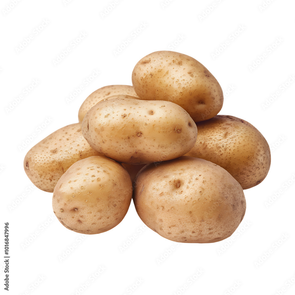 Pile of light brown speckled potatoes overlapping, arranged on white background Pile of light brown speckled potatoes overlapping, arranged on white background