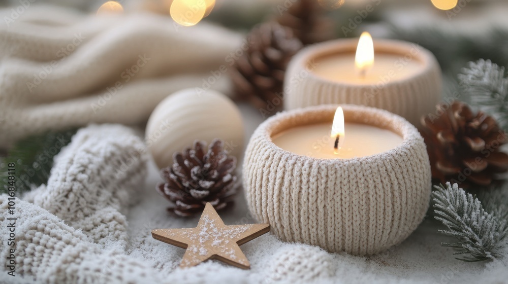 Cozy winter holiday scene with lit candles, pine cones, a wooden star, and knitted elements. snow and christmas lights create a warm festive ambiance. Cozy winter holiday scene with lit candles, pine cones, a wooden star, and knitted elements. snow and christmas lights create a warm festive ambiance.