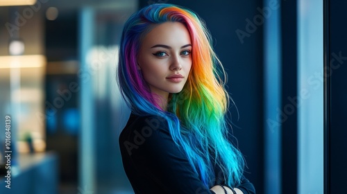 Confident Woman with Rainbow Hair in Bold Urban Chic Office