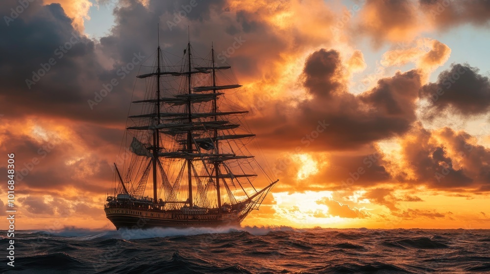 Obraz premium A large ship with multiple masts fights a storm at sea, as dark clouds and a glowing orange sunset create a striking visual contrast.