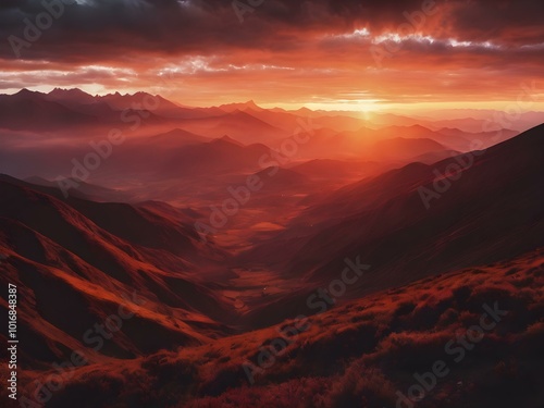 A sky filled with deep red and orange tones as the sun sets behind mountains, casting a dramatic, almost apocalyptic glow over the landscape 