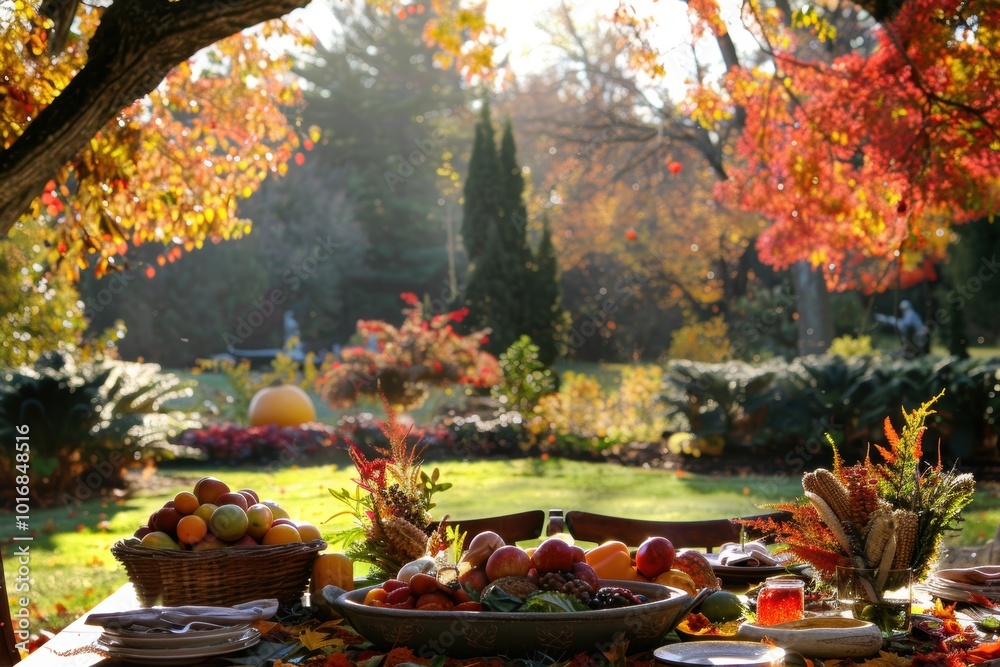 Canadian Thanksgiving Harvest Table in Garden with Cornucopia Filled with Fresh Vegetables and Fruits Canadian Thanksgiving Harvest Table in Garden with Cornucopia Filled with Fresh Vegetables and Fruits