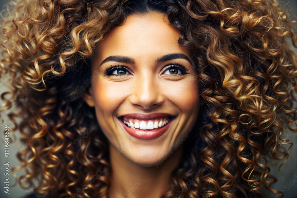 Radiant portrait of woman with curly blonde and brown hair smiling Radiant portrait of woman with curly blonde and brown hair smiling