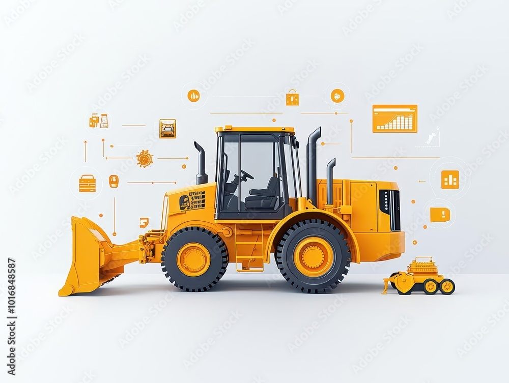 Fototapeta premium Loader with real-time productivity tracking, offering data insights for improving construction site efficiency, Productivity-tracking loader, Smart, data-driven, efficient