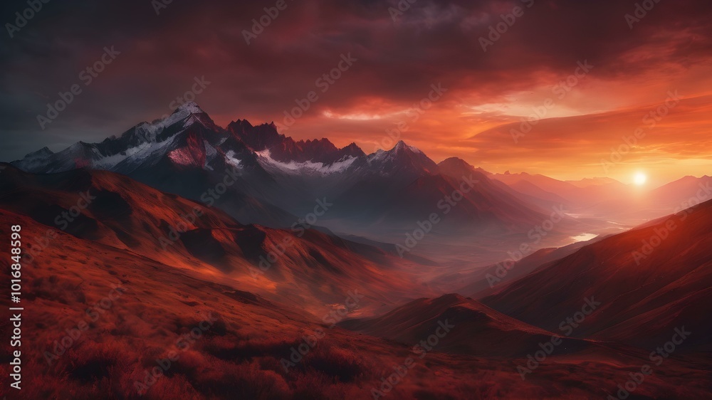 Fototapeta premium A sky filled with deep red and orange tones as the sun sets behind mountains, casting a dramatic, almost apocalyptic glow over the landscape 
