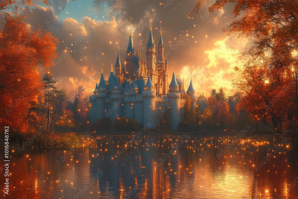 Fototapeta premium fairy taleinspired princess castle set against a dreamy landscape surrounded by mystical forests and sparkling waters capturing the essence of fantasy and whimsy in a vibrant color palette