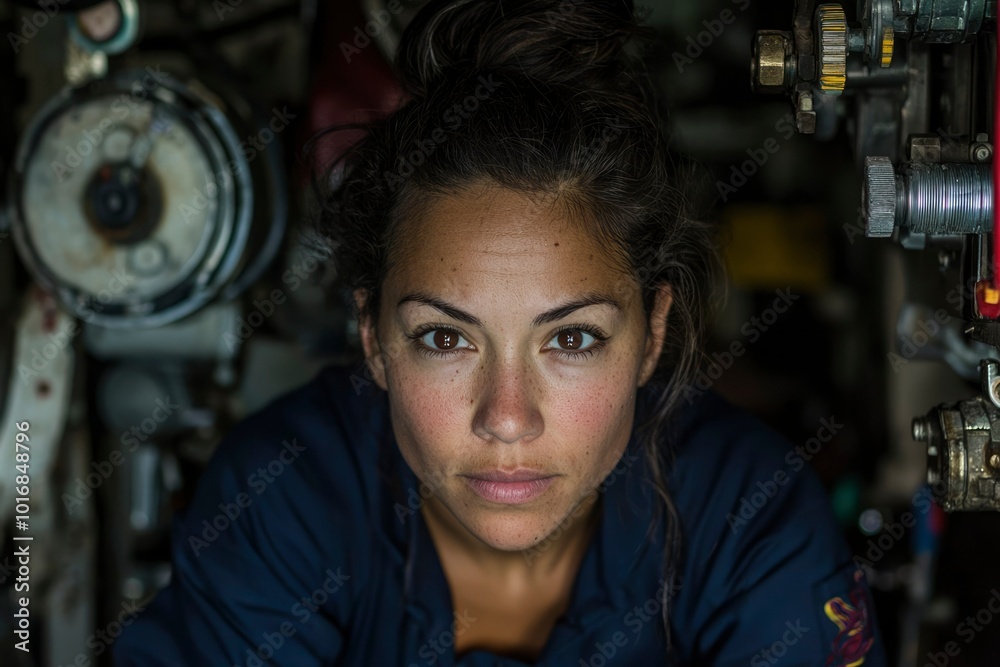 A woman looks intently into the camera while working on a machine. A woman looks intently into the camera while working on a machine.