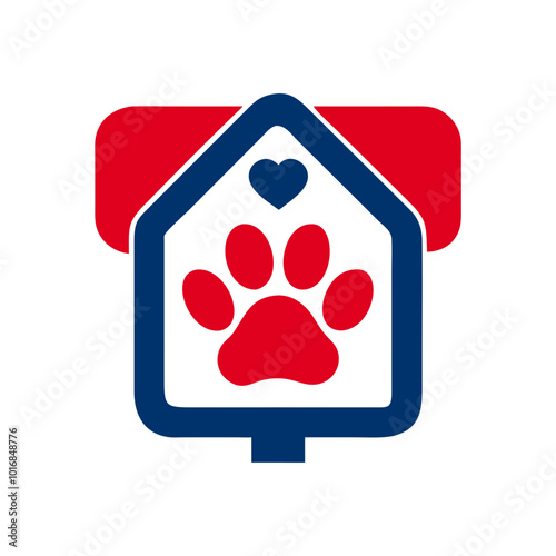 Pet adoption sign icon featuring a house, paw print, and heart in red and blue colors
