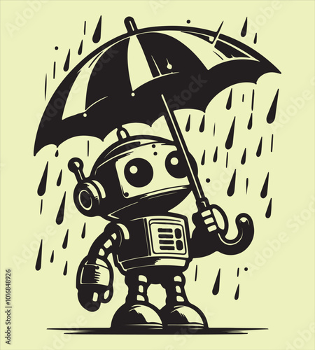 Robot holding umbrella in rain silhouette vector