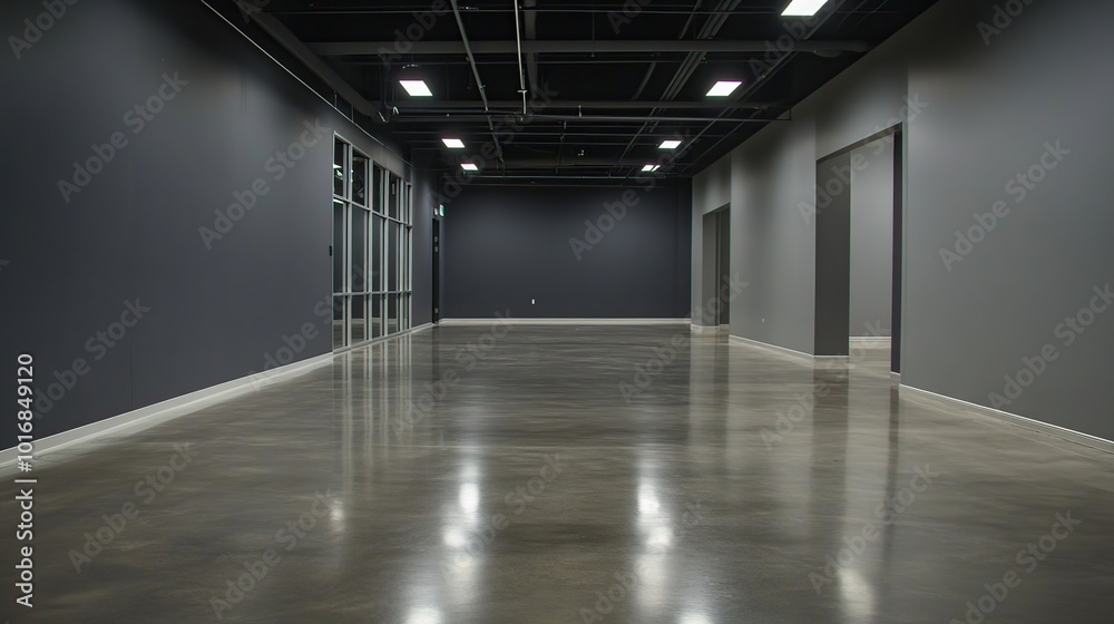 Empty Modern Grey Concrete Studio Space with Large Windows and Lights Empty Modern Grey Concrete Studio Space with Large Windows and Lights