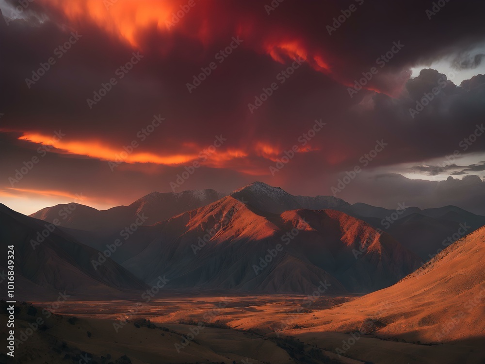 Fototapeta premium A sky filled with deep red and orange tones as the sun sets behind mountains, casting a dramatic, almost apocalyptic glow over the landscape 