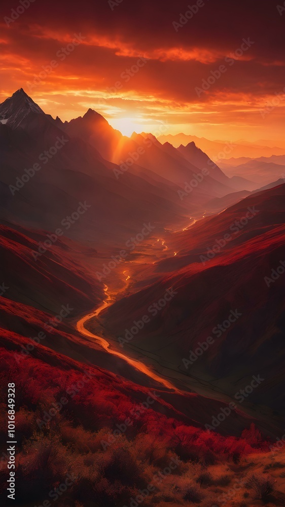 Naklejka premium A sky filled with deep red and orange tones as the sun sets behind mountains, casting a dramatic, almost apocalyptic glow over the landscape 
