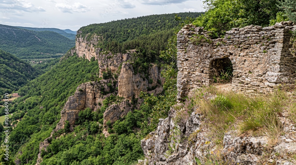 Ancient ruins overlook breathtaking cliffs and lush valleys in serene countryside landscape Ancient ruins overlook breathtaking cliffs and lush valleys in serene countryside landscape