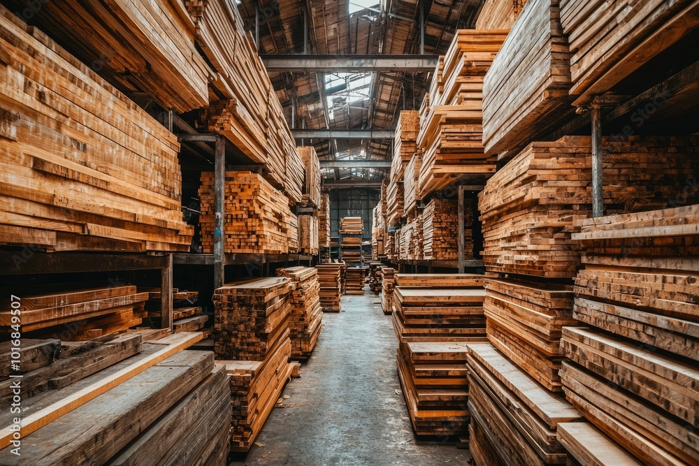 A Narrow Aisle in a Warehouse Filled with Stacked Wooden Planks A Narrow Aisle in a Warehouse Filled with Stacked Wooden Planks