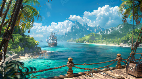 Fototapeta Naklejka Na Ścianę i Meble -  A background view from a pirate ship's deck looking towards a tropical island with a hidden Corsair treasure chest, featuring a battleship with a skull and crossbones flag