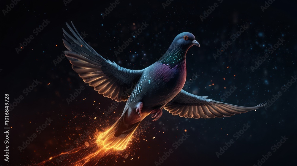 Fototapeta premium A dove with a flaming tail feathers flies through the air, symbolizing hope and freedom.