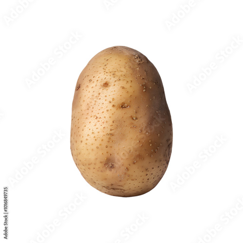 Single potato with light brown hue, dark spots, centrally positioned on white